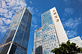 Exterior view of modern high-rise buildings in Futian Central Business District (CBD). Shenzhen, Guangdong Province, China.