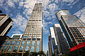 Exterior view of modern high-rise buildings in Futian Central Business District (CBD). Shenzhen, Guangdong Province, China.