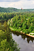 Gauja River with the Turaida Castle in background,around Sigulda,Gauja National park,Vidzeme Region,Latvia,Baltic region,Northern Europe