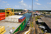 container-ship crossing the Panama Canal Gatun locks,Republic of Panama,Central America