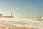  Surfer beach of Rabat at high tide at midday with high waves in Rabat, Morocco. 