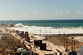  Surfer beach of Rabat at high tide at midday with high waves in Rabat, Morocco. 