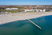  View of the pier and the beach of Travemünde, Schleswig-Holstein, Germany 