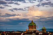 Panoramic Beautiful Cityscape and Bundeshaus or Parliament Building or Federal Palace Tower in Sunset in City of Bern, Bern Canton, Switzerland.