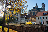  Magdeburg Cathedral in autumn, Fürstenwall, half-timbered houses, Magdeburg, Saxony-Anhalt, Germany 