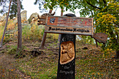  Sign at the Klusfelsen, sandstone formation in the Klusbergen, once served as an observatory and hermitage, Halberstadt, Saxony-Anhalt, Germany 