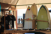  Surfboards at the Surfexpo of Taghazout 2024 near the surf spot &quot;Anker Point&quot; in Morocco. 