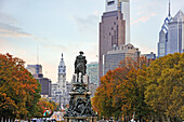 equestrian statue of George Washington on Benjamin Franklin Parkway with the City Hall in the background, Philadelphia, Commonwealth  of Pennsylvania,Northeastern  United States,