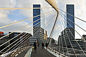 the Zubizuri, tied arch footbridge across the Nervion River, designed by architect Santiago Calatrava, with, in the background, the Isozaki Atea twin towers designed by Japanese architect Arata Isozaki, Bilbao, province of Biscay, Basque Country, Spain,Europe