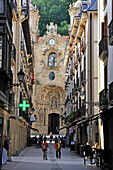 Calle Mayor Street with Santa Maria  del Coro Church in the background, Old Town, San Sebastian, Bay of Biscay, province of Gipuzkoa, Basque Country, Spain,Europe