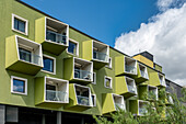  Modern Danish architecture in Orestad, sloping balconies, senior housing, Plejecenter, Amager Vest, Copenhagen 