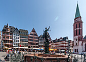  Fountain of Justice, Justizia, scales, Römerberg, old town, half-timbered houses, Frankfurt am Main, Hesse, Germany, Europe 