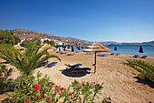 View of the sandy Elounda Beach. Elounda village, Crete, Greece.