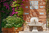 Wall of an old brick house with outside water tap and flowering bougainvillea. Tarragona, Catalonia, Spain.