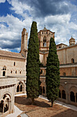 Elevated view of inner courtyard at the Royal Abbey of Santa Maria de Poblet. Vimbodi i Poblet, Catalonia, Spain.