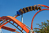 Visitors enjoy the ride on the Dragon Khan roller coaster in Port Aventura amusement park. Salou, Catalonia, Spain.