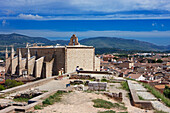 Scenic view of Montblanc medieval town from the Santa Barbara hill. Montblanc, Catalonia, Spain.