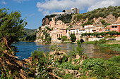 Scenic view of Miravet village and castle from the Ebro river. Catalonia, Spain.