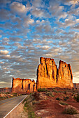 View of the Courthouse Towers in Arches National Park at sunrise. Utah, USA.