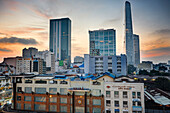 View of modern buildings in the District 1 at sunrise. Ho Chi Minh City, Vietnam.