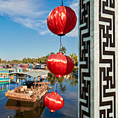 Red lanterns on the Cau An Hoi Bridge. Hoi An, Quang Nam Province, Vietnam.