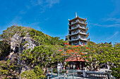 Exterior view of the Xa Loi Tower on the Thuy Son Mountain. The Marble Mountains, Da Nang, Vietnam.