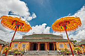 Bright yellow parasols at the Truong Sanh Palace. Imperial City (The Citadel), Hue, Vietnam.