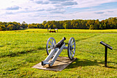  Sandy Hollow with cannon on the Brandywine Battlefield Trail with a view of the historic battlefield in the American Revolutionary War (American War of Independence) 1777 and information board in the Brandywine Valley near Birmingham Hill, Chester County, Pennsylvania, USA 