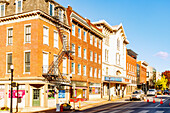  South Prince Street with Fulton Theater in Historic Downtown in Lancaster in Pennsylvania Dutch Country, Pennsylvania, USA 