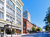  West King Street with view of WW Griest Building and Soldiers and Sailors Monument in Historic Downtown in Lancaster in Pennsylvania Dutch Country, Lancaster County, Pennsylvania, USA 