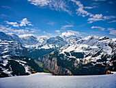  View from the summit of the Männlichen into the Lauterbrunnen valley, Alps, Wengen, Lauterbrunnen, Canton of Bern, Bern, Switzerland, Europe 