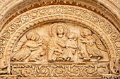  Relief above the portal of the church of Santa Maria Maggiore in Monte Sant&#39;Angelo, Gargano, Apulia, Italy, Europe 