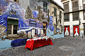 knitting stand in a street of the old town of Funchal,Madeira island,Atlantic Ocean,Portugal