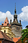 Clock Tower seen from south path leading into Old Town,Sighisoara, Transylvania,Romania,Southeastern and Central Europe