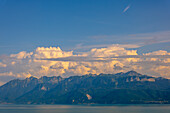 Lake Geneva with Mountain View in a Sunny Summer Day in Evian Les Bains, Alvernia Rodano Alpi, France.