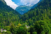 Beautiful Village Hidden in the Forest in a Mountain Valley with Blue Sky and Clouds in a Sunny Summer Day in Maloja, Bregaglia, Grisons, Switzerland.