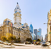  City Hall with skyscrapers One Liberty Place and Comcast Center in the background in Center City Philadelphia in the Convention Center District in Philadelphia, Pennsylvania, USA 