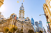  City Hall with skyscrapers One Liberty Place and Comcast Center in the background in Center City Philadelphia in the Convention Center District in Philadelphia, Pennsylvania, USA 