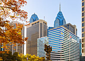  Municipal Services Building Plaza with statue &quot;Government of the People&quot; by Jacques Lipchitz, Two Penn Center Building and view of high-rise buildings Two Liberty Building and One Liberty Building in Center City Philadelphia in the Parkway Museums District in Philadelphia, Pennsylvania, USA 