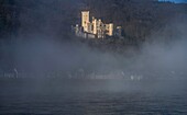  Stolenfels Castle in the morning mist, Koblenz, Upper Middle Rhine Valley, Rhineland-Palatinate, Germany 