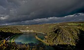  View from the Maria Ruh viewpoint to the Loreley and the Rhine Valley near St. Goarshausen, Upper Middle Rhine Valley, Rhineland-Palatinate, Germany 