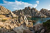  Bizarre and huge granite rocks by the sea, sunset, Spiaggia Valle della Luna, Capo Testa, near Santa Teresa di Gallura, Sardinia, Italy 