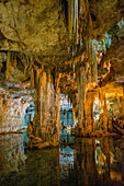  Huge stalactites and underground lake, Grotta di Nettuno stalactite cave, Neptune&#39;s Grotto, Capo Caccia, near Alghero, Sardinia, Italy 