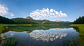  Water reflection with clouds in the Black Lake, Black Lake, Crno Jezero, Durmitor Mountains, natural landscape, landscape Durmitor National Park near the city of Žabljak, Montenegro 