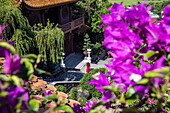  Woman in red dress with white umbrella seen through purple bougainvillea at the temples of Nui Sam on Mount Sam, Nui Sam, Chau Doc, An Giang, Vietnam, Asia 