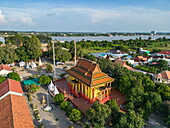  Aerial view of the Kaoh Oknha Tei Temple on the Silk Island with the Mekong River in the distance, Kaoh Oknha Tei, Khsach Kandal District, Kandal, Cambodia, Asia 