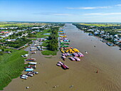  Aerial view of colorfully painted fish farms at Hau River (Bassac River), Chau Phong, Tan Chau, An Giang, Vietnam, Asia 