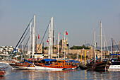 Turkish gulets anchored at sea near the medieval Castle of The Knights of St.John (The Castle of St. Peter). Bodrum, Mugla province, Turkey.