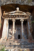 The Tomb of Amyntas - rock cut temple-type ancient Lycian tomb in Fethiye, Mugla Province, Turkey.