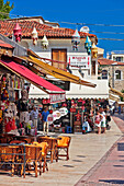 A street scene in Kusadasi, a large resort town on the Aegean coast of Aydin Province, Turkey.